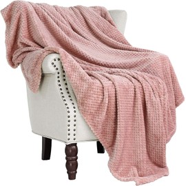 Exclusivo Mezcla Extra Large Flannel Fleece Throw Blanket, 127x178 CM Sofa Throws, Soft Jacquard Weave Waffle Pattern Throws for Sofa, Dusty Pink Blanket