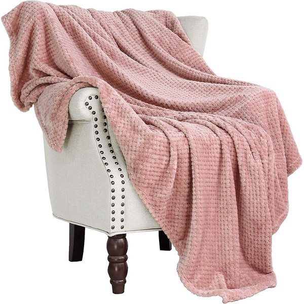 Exclusivo Mezcla Extra Large Flannel Fleece Throw Blanket, 127x178 CM Sofa Throws, Soft Jacquard Weave Waffle Pattern Throws for Sofa, Dusty Pink Blanket
