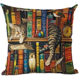 ZFENGYYUAN Bookshelf sleeping cat Decorative Cotton Linen Blend Throw Square Pillow Case Cushion Cover 18 x 18 Inches