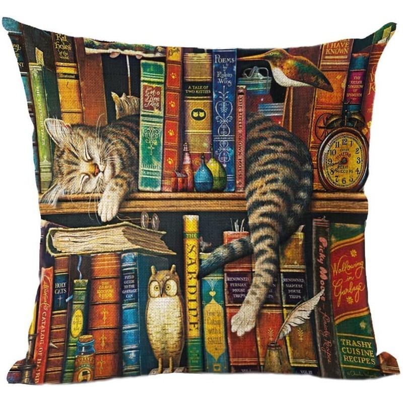 ZFENGYYUAN Bookshelf sleeping cat Decorative Cotton Linen Blend Throw Square