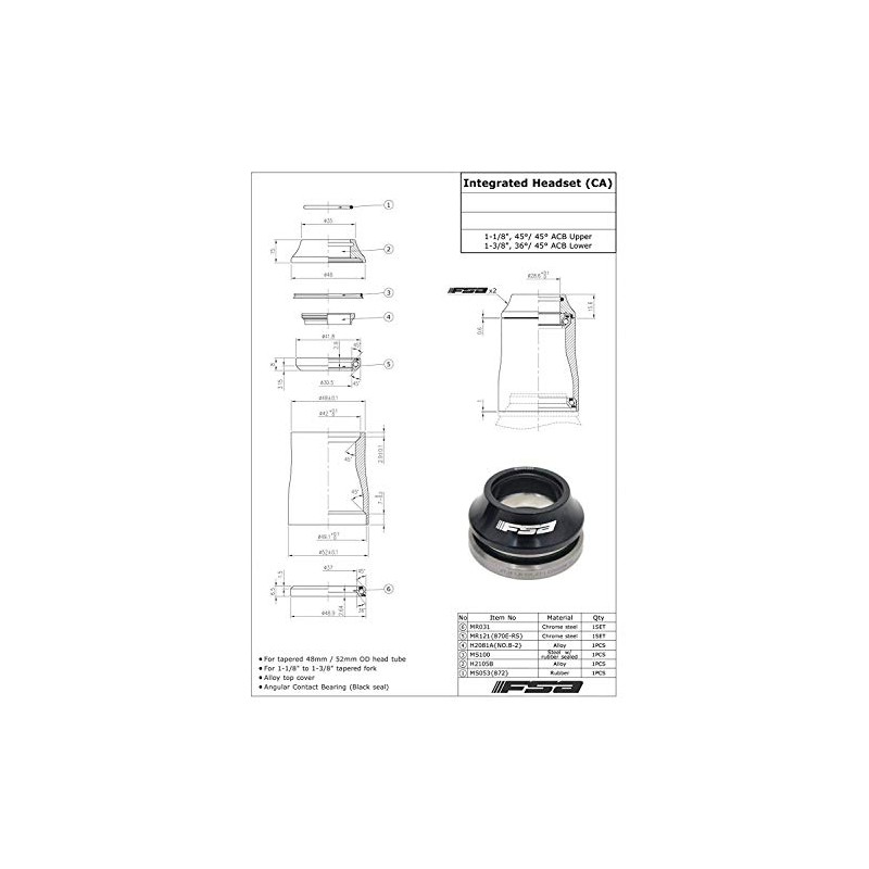 FSA No.44E 1-1/8" - 1-3/8" Integrated Headset With Top Cap