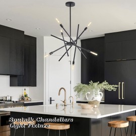 Modern 6-Lights Black Sputnik Chandelier Dimmable Adjustable Height Contemporary Pendant Light Fixture for Dining Room Mid Century Farmhouse mental Ceiling Light Fixture for Kitchen Island LivingRoom