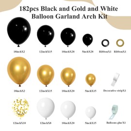 182pcs Black and Gold Balloons Garland Arch Kit, 5 10 12 18 inch Black White Metallic Gold Confetti Latex Balloons for 2024 Graduation Decorations New Year Birthday Party Decorations