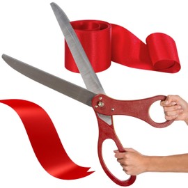 25" Red Giant Ribbon Cutting Scissors with Red Satin Ribbon – Grand Opening Ceremony Kit for Business Events & Inaugurations