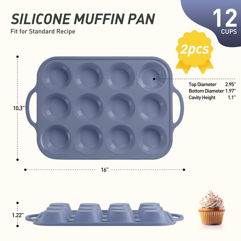 2 Packs 12 Cups Silicone Muffin Pan with Metal Reinforced