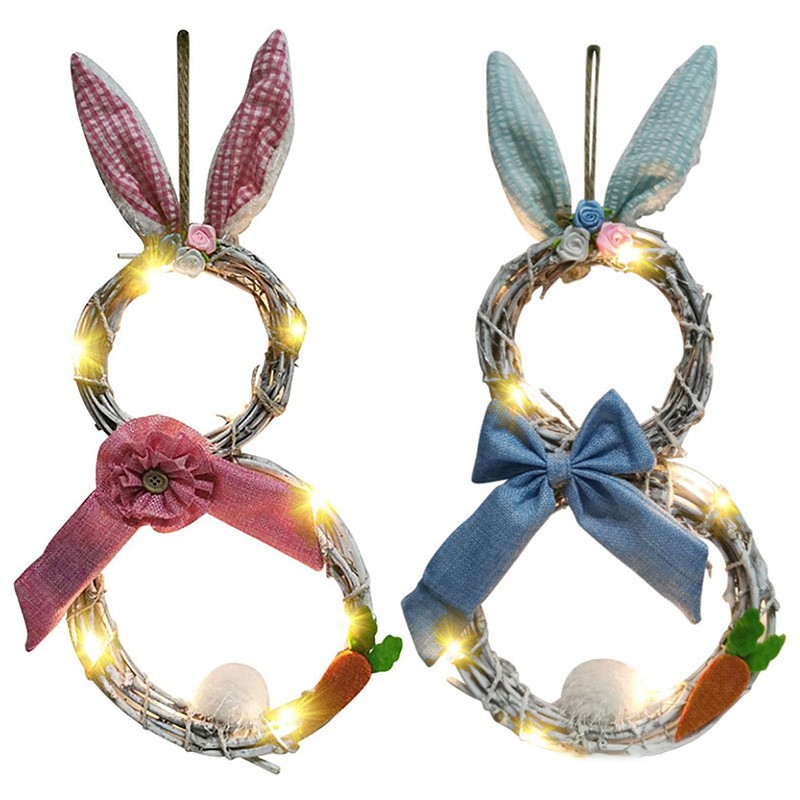 Easter Decoration Wreath with Light Handmade Rattan Easter Rabbit Wreath