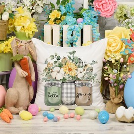 Kithomer Buffalo Plaid Easter Bunny Eucalyptus Pillow Covers 20x20 Set of 4 Spring Farmhouse Quotes Decorations Truck Vase Bless Our Home Linen Cushion Case Gifts for Home Decor