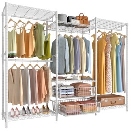 VIPEK V10i Wire Garment Rack Heavy Duty Clothes Rack with Hanging Rods, Adjustable Shelves & Slid Metal Storage Baskets, Large Size Clothing Rack for Hanging Clothes 85.4"W x 15.7"D x 76.4"H, White