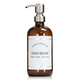Artanis Home Amber Refillable Dish Soap Dispenser with Pump for Kitchen Sink - Glass Boston Round Dish Detergent Bottle - Waterproof Label - 16 oz