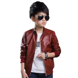 Fairylinks Leather Jacket For Kids Boys Motocycle Lightweight Windbreaker Rock Wine Red 8