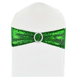 LIZIMI Sequin Chair Sashes Stretch Chair Bands Spandex Polyester Bows for Party Hotel Wedding Banquets Decoration - 6 Pcs Green