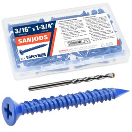 SANJODS 3/16" x 1-3/4" Concrete Screw Anchor, Blue Flat Head Screws for Anchoring to Masonry, Brick, Block, Cement or Stucco (Pack of 60)