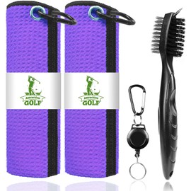 ATTRACTIVE Golf Towels, Microfiber Waffle Pattern Towels - Golf Club Brush with Cleaning (2 Purple Towel+Black Brush)