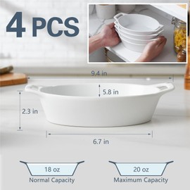 ONEMORE Oval Au Gratin Baking Dish, 20 oz Small Casserole Dishes with Handles 6x8" Ceramic Baking Pan for 1-2 People, Oven Safe for Lasagna, Pies, Individual Servings & Side Dishes, Set of 4, White