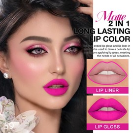 IATMOMOD 1Pcs 2 in 1 Hot Pink Matte Lip Liner and Liquid Lipstick Stain Makeup Set for women, Hot Pink Long Lasting Smudge Proof Lip Tint Matte Finish Lip Gloss for All-Day Color Hold Easy to Use 59#