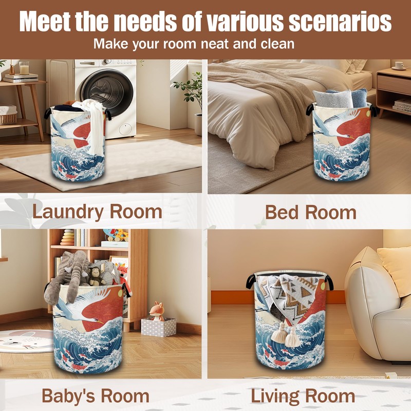White Crane Laundry Baskets,Red Sun Japanese Wave Laundry Hamper,Storage Basket