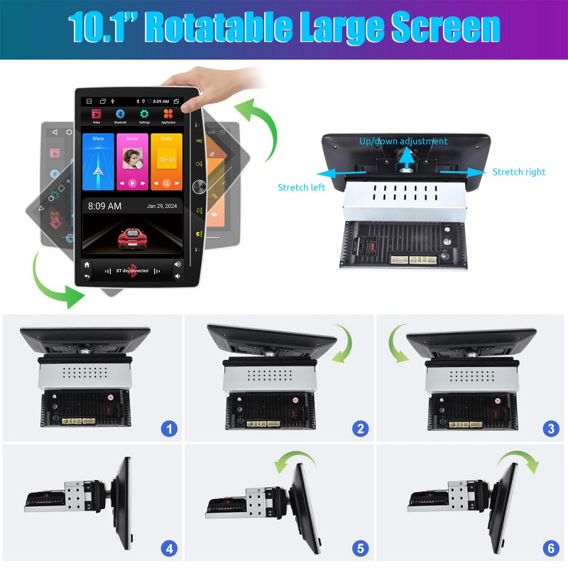 ESSGOO 1DIN 10" 360° Rotatable Car Stereo Touchscreen Screen Bluetooth