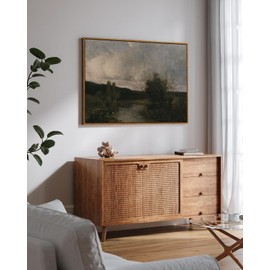 ARPEOTCY Vintage Framed Canvas Wall Art, Rural River Scenery Paintings Art Decor Aesthetic, Large Art, Retro Country Nature Landscape Wall Pictures for Room Decoration, 24x36 Inch