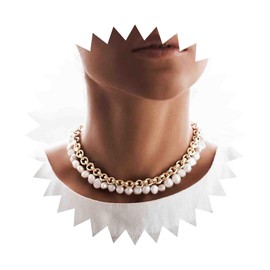 Dervivea Boho Layered Gold Pearl Choker Necklace Chunky Curb Link Chain Necklace Round Pearl Beaded Necklace Vintage Pearl Chain Strand Necklace Pearl Wedding Necklace Jewelry for Women