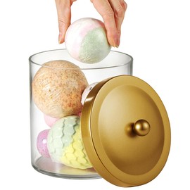 SheeChung 4 Pack 50 Ounce Large Clear Apothecary Jar with Gold Rust-Proof Lid - Shatterproof Plastic Storage Canister - Modern Luxury Bathroom Vanity & Laundry Room Organizer for Pods, Bath Salts