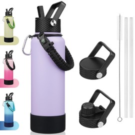 BJPKPK Insulated Water Bottle with Straw Lid, 40oz Large Thermos with 3 Lids, Paracord Handle & Non-slip Boot, BPA Free Leak Proof Stainless Steel Metal Water Bottles, Tumblers, Cups,Lavender