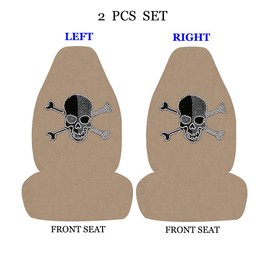 ALLBrand Universal Fit Car SUV Truck Crystal Bling Rhinestone Studded Beige High Back Front Bucket Seat Covers - Pack of 2 (Gray Skull-Beige)