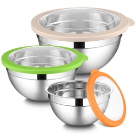 LIANYU Mixing Bowls with Lid Sets of 3, Large & Small Stainless Steel Metal Salad Mixing Bowls, 1.5 & 3 & 4.6QT Sizes For Kitchen Cooking, Baking, Storage, Food Prepping, Serving, Three-Color