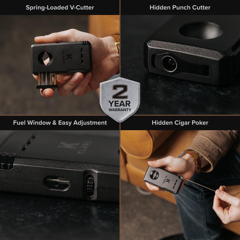 KLARO Double Torch Lighter and V-Cut Cutter, Spring-Loaded V-Cut, Swivel
