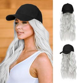 Lansigreen Hat Wig for Women Baseball Cap with Hair Extensions Adjustable Hat Attached 24" Long Wavy Hairpieces Synthetic Wig Silver Gray