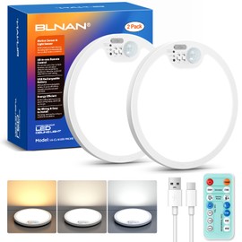 BLNAN Rechargeable Motion Sensor Ceiling Light with Remote, Battery Operated Ceiling Light, 3 Color Temperatures LED Shower Lights for Pantry, Stairs, Garage, Hallway, 2 Pack