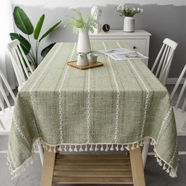 Wondder Cotton Linen Table Cloth Tassel Tablecloth for Party Banquet Dining Table Cover (Green striped hollow, 90 x 90cm (35.4x35.4inch))