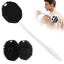Back Scrubber for Shower for Men 2 Pack, Silicone Body Scrubber with Long Handle, Detachable Body Wash Scrubber Shower Scrub Brush - Lathering Bristles Deep Clean Exfoliator Women Mens Black