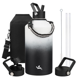 Konokyo Gallon Insulated Water Bottle with Straw,128 oz 3 Lids Water Jug with Carrying Bag,Paracord Handle, Double Wall Vacuum Stainless Steel Metal Flask,Day & Night