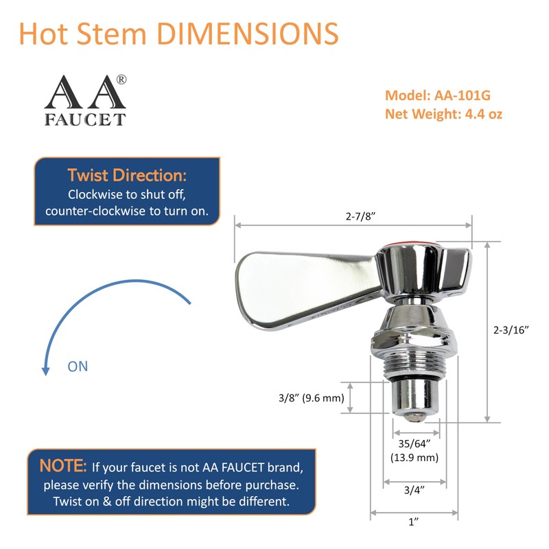 AA Faucet AA-101G Hot Replacement Stem Check with B-Handle