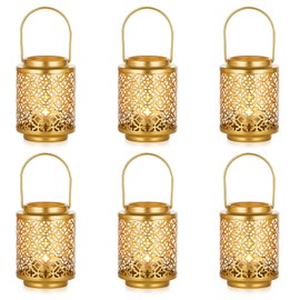 NUPTIO - Linternas doradas para centros de mesa de boda: 6 soportes colgantes de metal de 4.1 pulgadas, mini luces de té decorativas a granel para decoración de Día de Acción de Gracias, Diwali