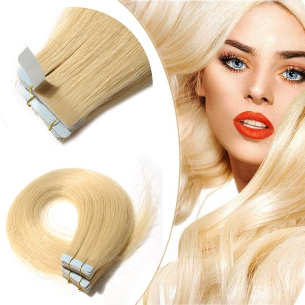 16" 40pcs 100g Remy Tape in Hair Extensions Human Hair 613 Bleach Blonde Light Color Long Straight Hair Seamless Skin Weft Invisible Double Sided Tape