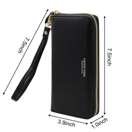 FuninCrea Large Women's Leather Purse Women's Large Purse Women's Large Purse Women's Long Bum Bag Women's Large Women's Purse with Removable Wrist Strap, black, Minimalist