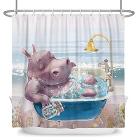 SDOTPMT 180 x 180 cm Cute Hippo Shower Curtain Funny Cartoon Animal Seaside Landscape Bathroom Curtain Modern Fashion Bathroom Curtain for Children Bathroom Decor with Hooks