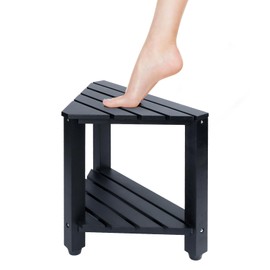 MISSEND Shower Foot Rest 13 in, Bamboo Shower Stool for Shaving Legs,Corner Bath Shower Bench with Starage Shelf for Inside Small Shower Spaces -Black
