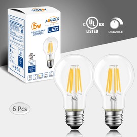 AOGOLO - foco LED de filamento regulable A19 (A60) 500 lm, 2700 K/4000 K, base mediana E26, 5 W (equivalente a 40 W), paquete de 6, Classic, 5 Watts, 4000K