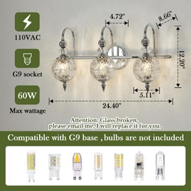 Piepooye Modern Bathroom Light Fixtures Polished Chrome Vanity Light with Glass Globe LampShade 3 Lights Mid Century G9 Bulb Wall Sconce Indoor Vanity Light Over Mirror for Bedroom Kitchen Hallway