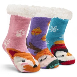 Toddler Girls Warm Fuzzy Socks for Kids Girls Winter Fluffy Socks Thick Thermal Floor Socks with Grips for Home 3 Pack Lovely Animals 2-4 Years