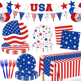 4th of July Decorations, 119PCs Fourth of July Party Supplies-Serves 24 with 250th Independence Day Plates and Napkins Tablecloth and USA Banner Forks Balloons for Labor Day Veterans Day Decorations