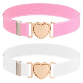 Molain 2 Pack Girls Belt for Waist Size 15-30", Kids Elastic Belt Heart-Shaped Metal Buckle Waist Belt for Girls, Elastic Stretch Belts for Kids Dress Pants Jeans(pink+white)