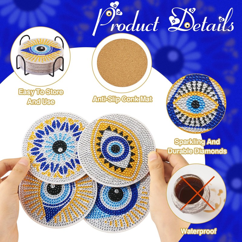 Beadthoven Evil Eye Diamond Painting Coaster Blue Gold 5D Diamond