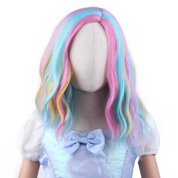 MAGQOO Rainbow Wig Girls Short Curly Wavy Colorful Hair Wigs Synthetic Heat Resistant Cosplay Costume Party Wigs (Rainbow, Child)