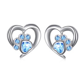 Pet Earrings 925 Sterling Silver Cute Blue Heart CZ Cat Puppy Dog Paw Print Stud Earrings Birthday Gift for Women Teen Girls (Nickel Free)