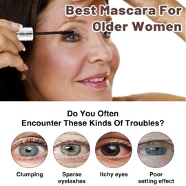 2PCS Black Mascara for Older Women, Waterproof Mascara for Sensitive Eyes, Telescopic Mascaras Black Volume and Length for Mature Women with Thinning Lashes, Long Lasting Smudge-proof Eye Makeup
