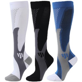 Coolwife Compression Socks 3 Pairs Women Men Knee High Sports Flight Running Stockings (UK, Alpha, S, M, Regular, Regular, Dots)