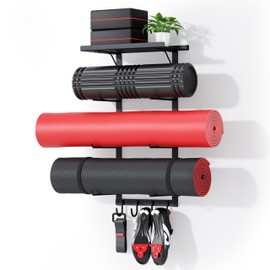Yoga Mat Holder Wall Mount, Yoga Accessory Mat Storage Rack, Home Gym Accessories Organizer, Floating Shelf and Hooks for Hanging Foam Roller/Band/Workout Equipment at Pilates Fitness Class